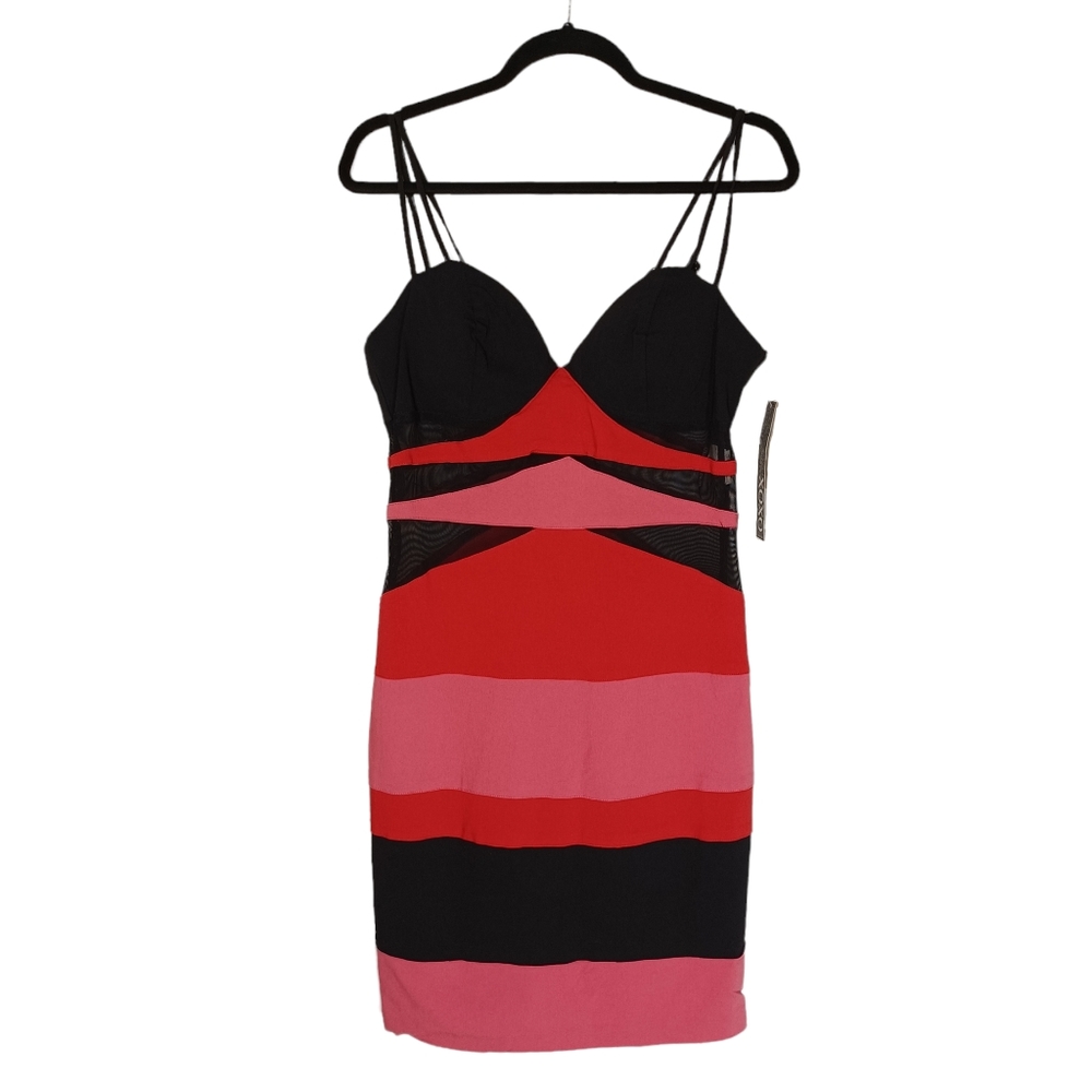XOXO Red Pink Black Mesh Wave Stripe Road To Zanzibar Sleeveless Dress 13/14 NWT